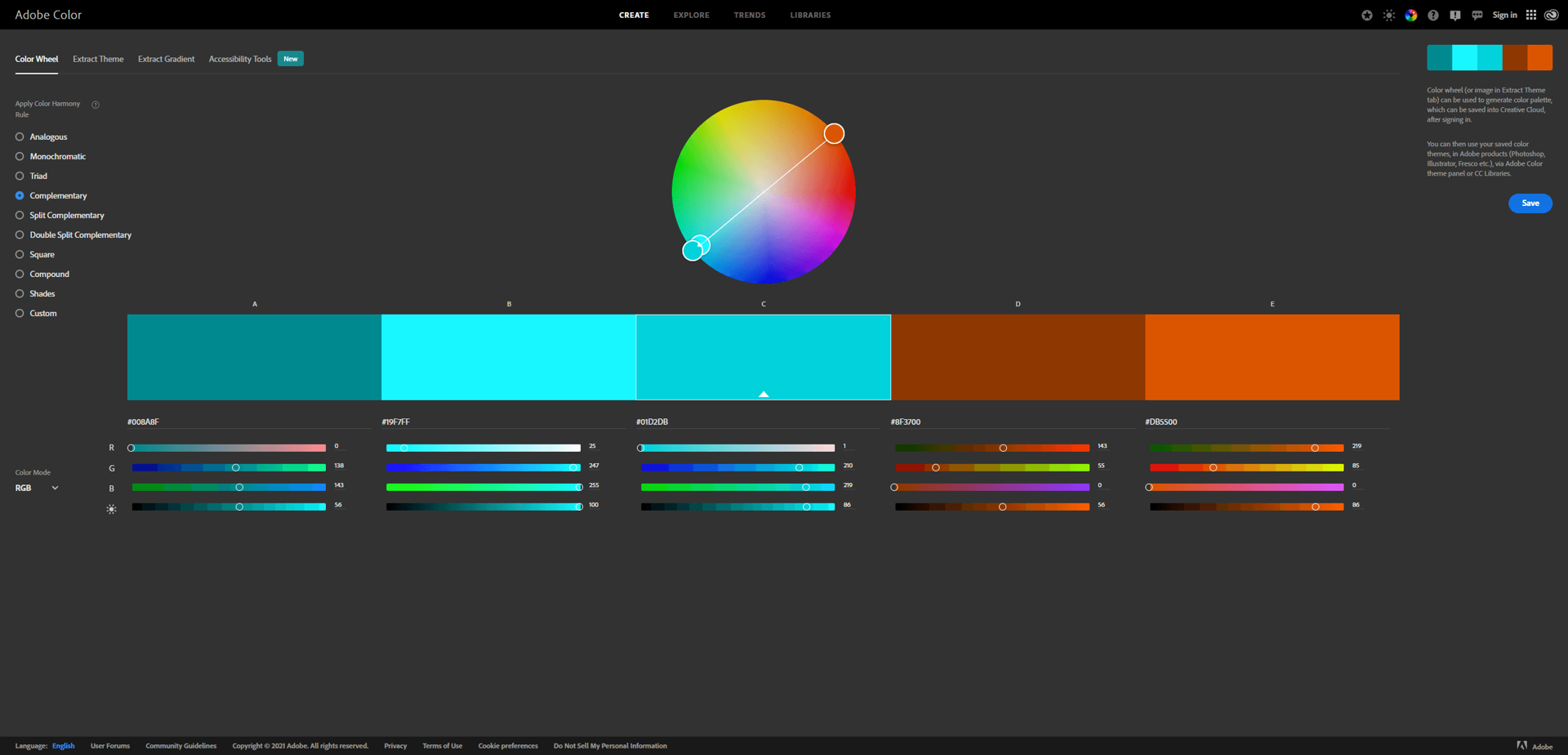 Complementary color scheme on the color wheel
