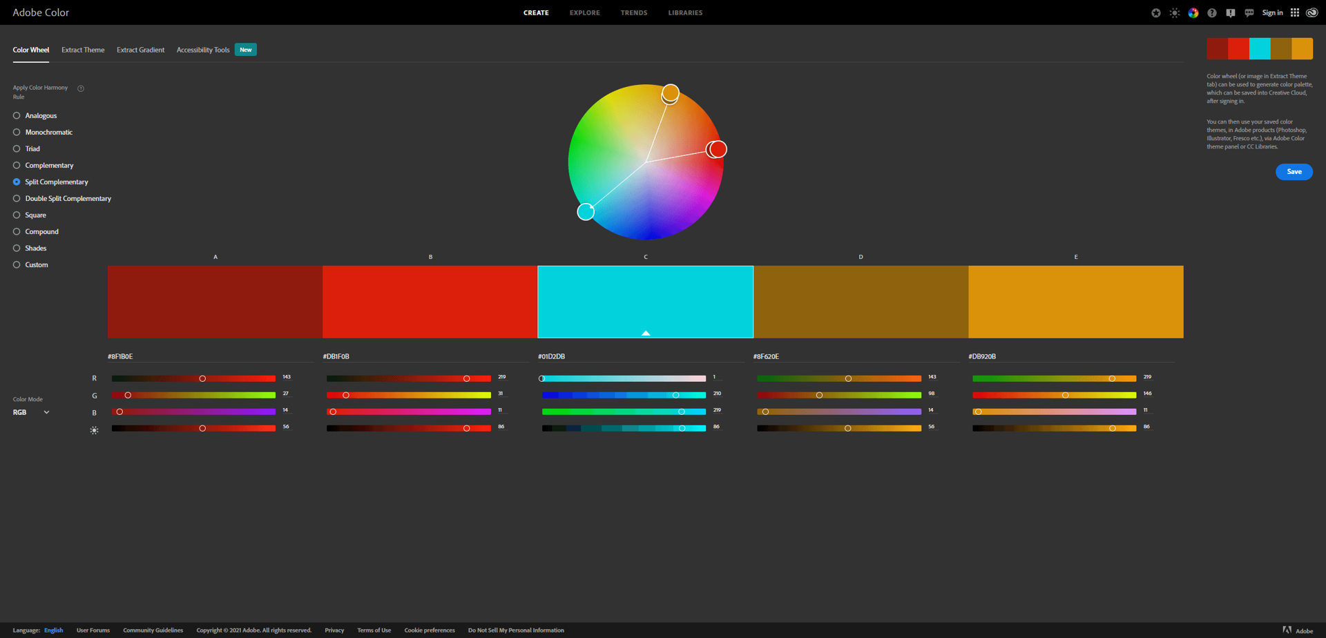 Split complementary color scheme on the color wheel