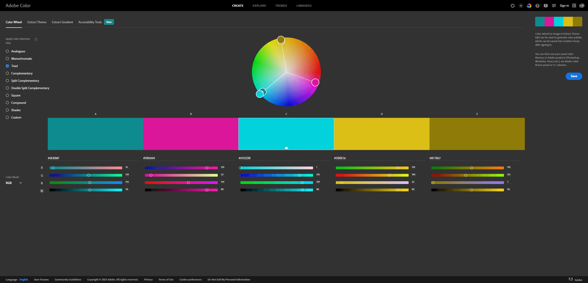 Triadic color scheme on the color wheel