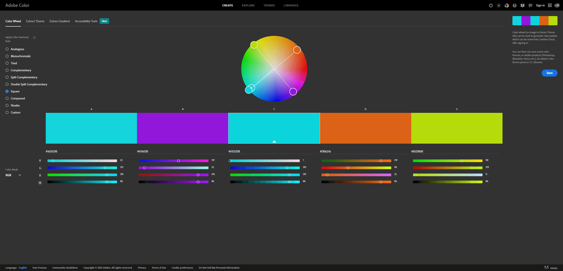 Tetradic and square color scheme on the color wheel