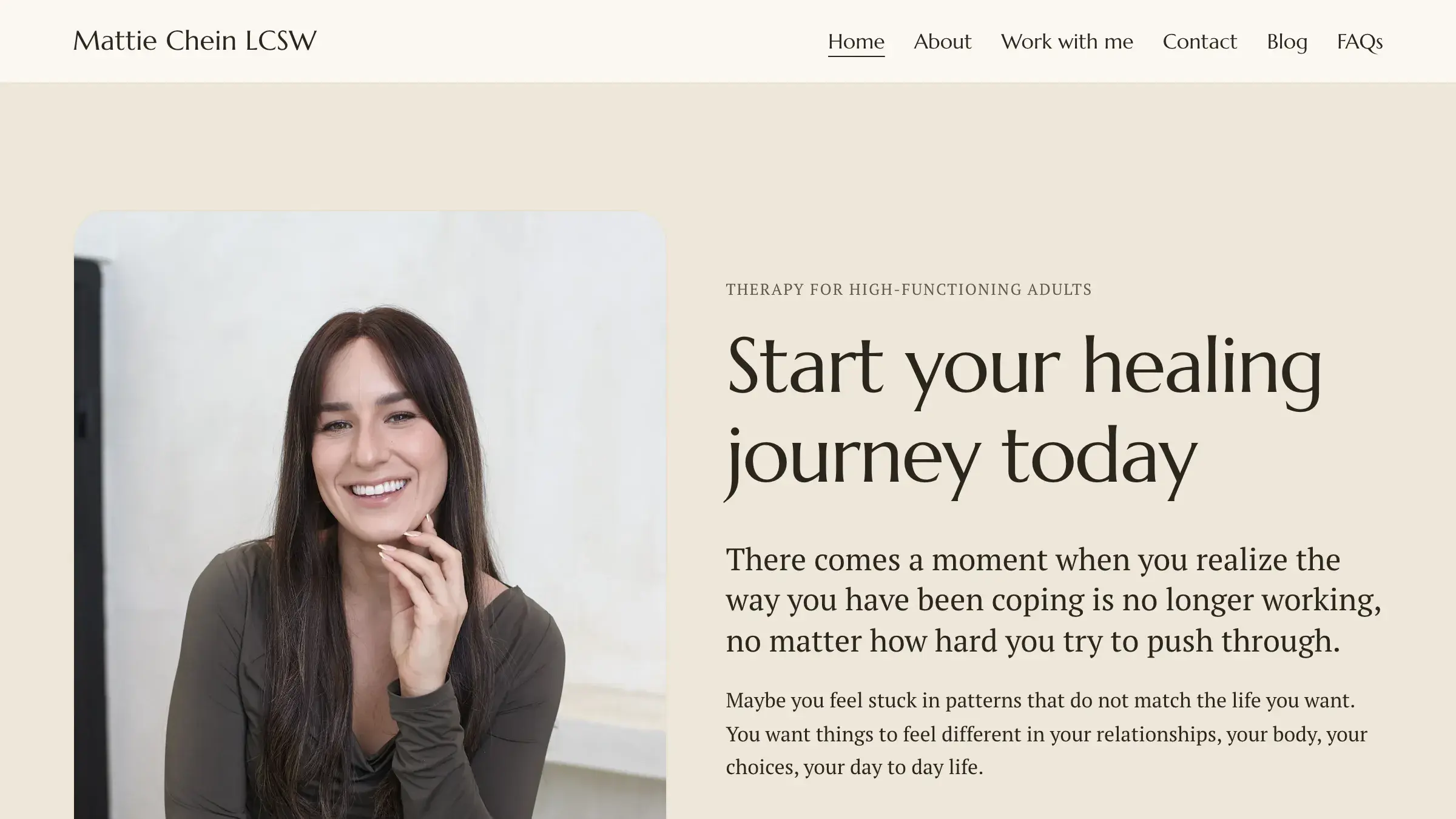 Homepage of mattiecheinlcsw.com, a therapist's practice site in a warm bone and clay palette, with the therapist's portrait beside the headline and a free consult as the only call to action.