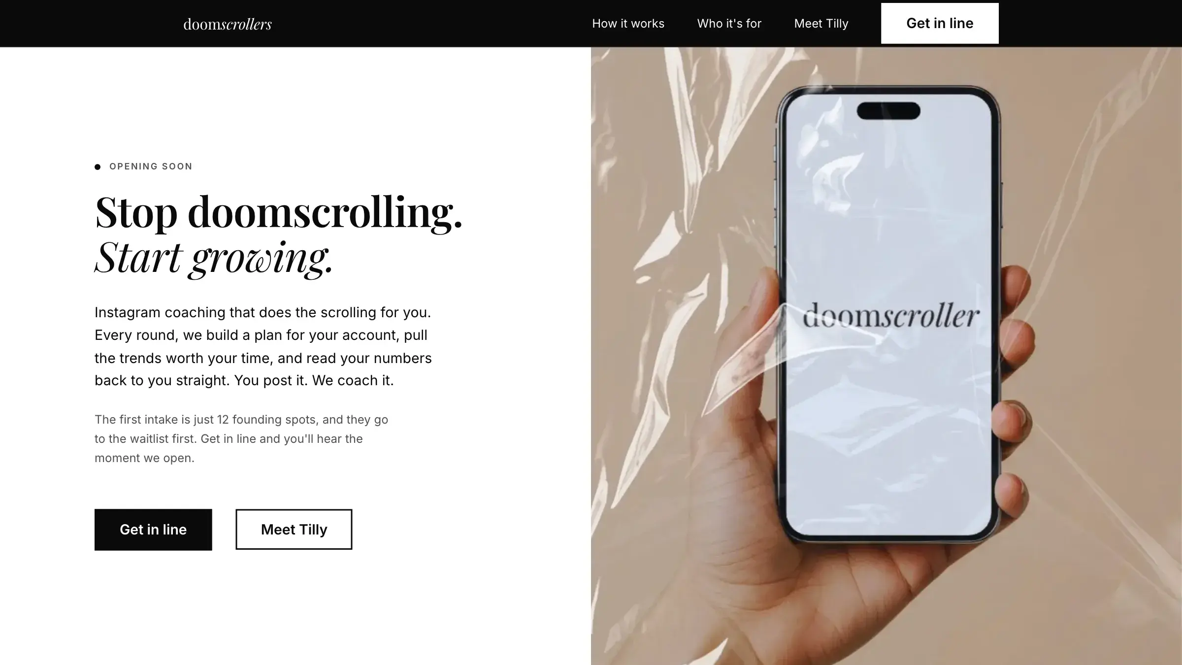 Doomscrollers coaching platform: the public landing page for the Instagram-coaching membership.