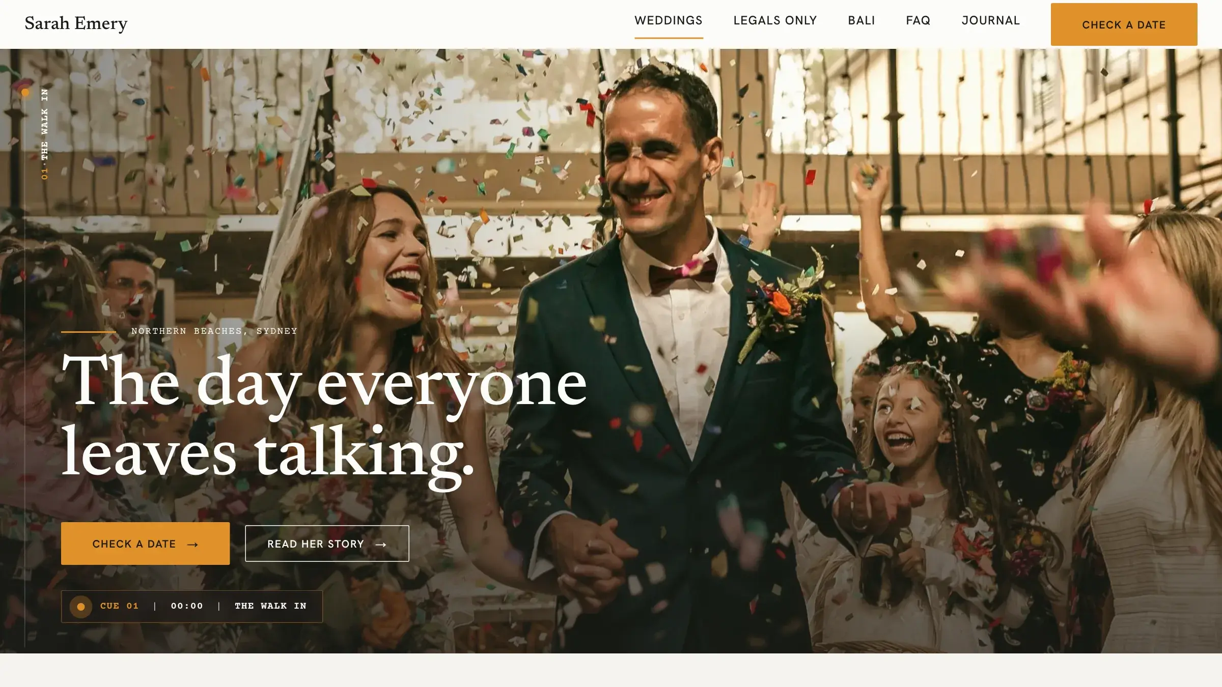 Homepage of sarahemery-celebrant.com, a wedding celebrant's site, with a bright white layout, a serif ceremony line, and a vertical broadcast cue rail down the left margin.